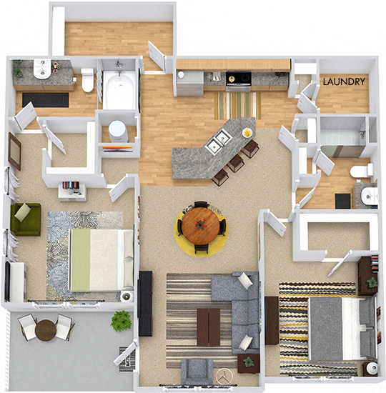 Floor plan for 2 beds, 2 baths, 1186 sqft